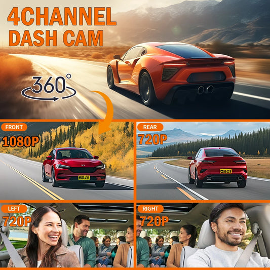 Dashcam 4 canaux WiFi 1080P — Vision nocturne, enregistrement en boucle, surveillance parking