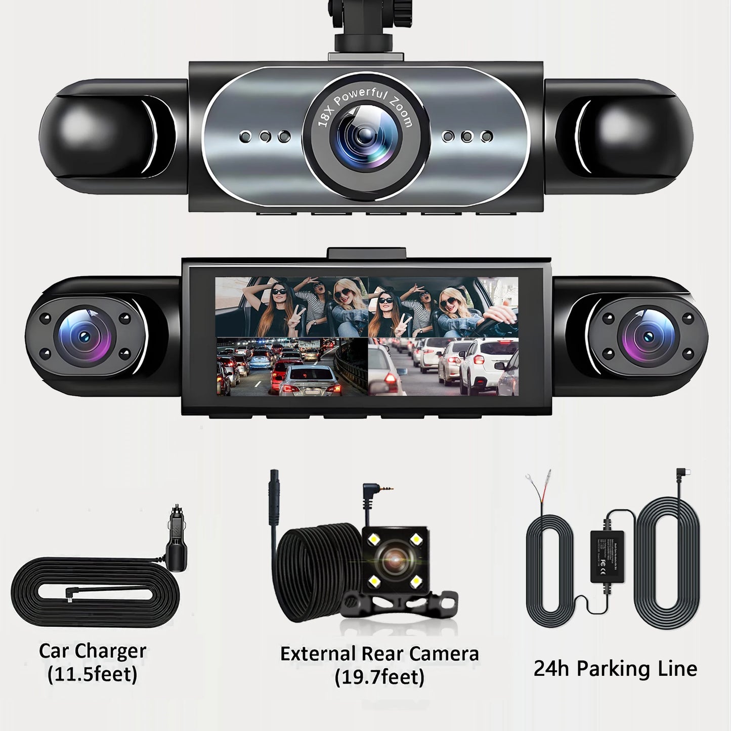 Dashcam 4 canaux 360° 1080P — Vision nocturne, capteur G, surveillance parking 24h/24