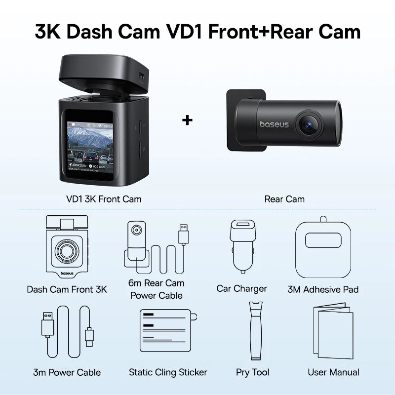 Dashcam Baseus VD1 3K avant + 1080P arrière — GPS intégré, supercondensateur, surveillance parking 24h/24