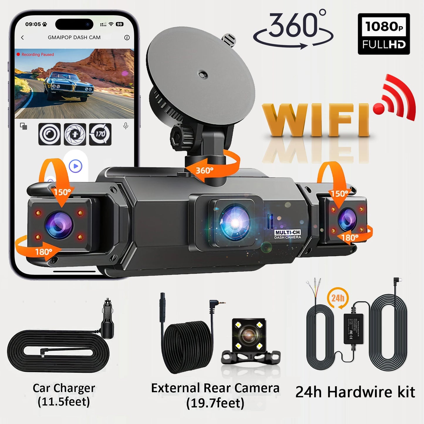 Dashcam 4 canaux WiFi 1080P — Vision nocturne, enregistrement en boucle, surveillance parking