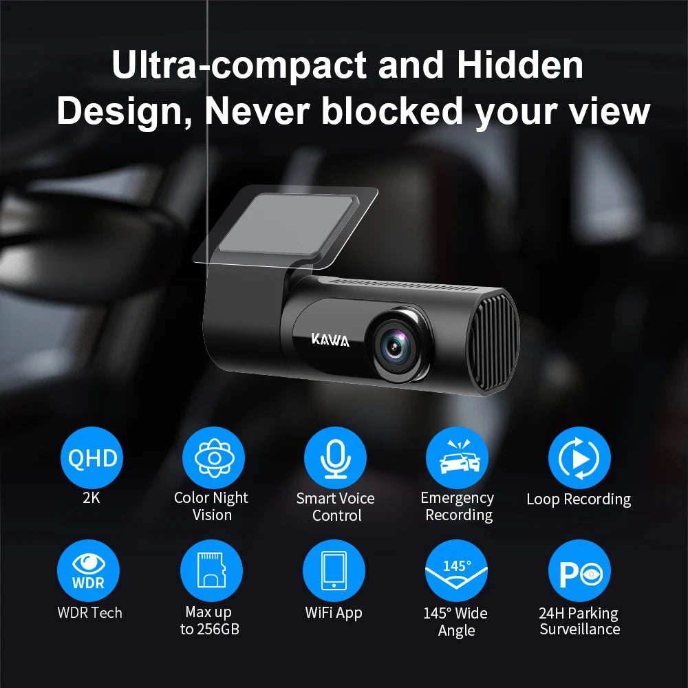 KAWA D6 Dash Cam 2K 1440P WiFi avec Contrôle Vocal, Vision Nocturne, G-Sensor et Enregistrement