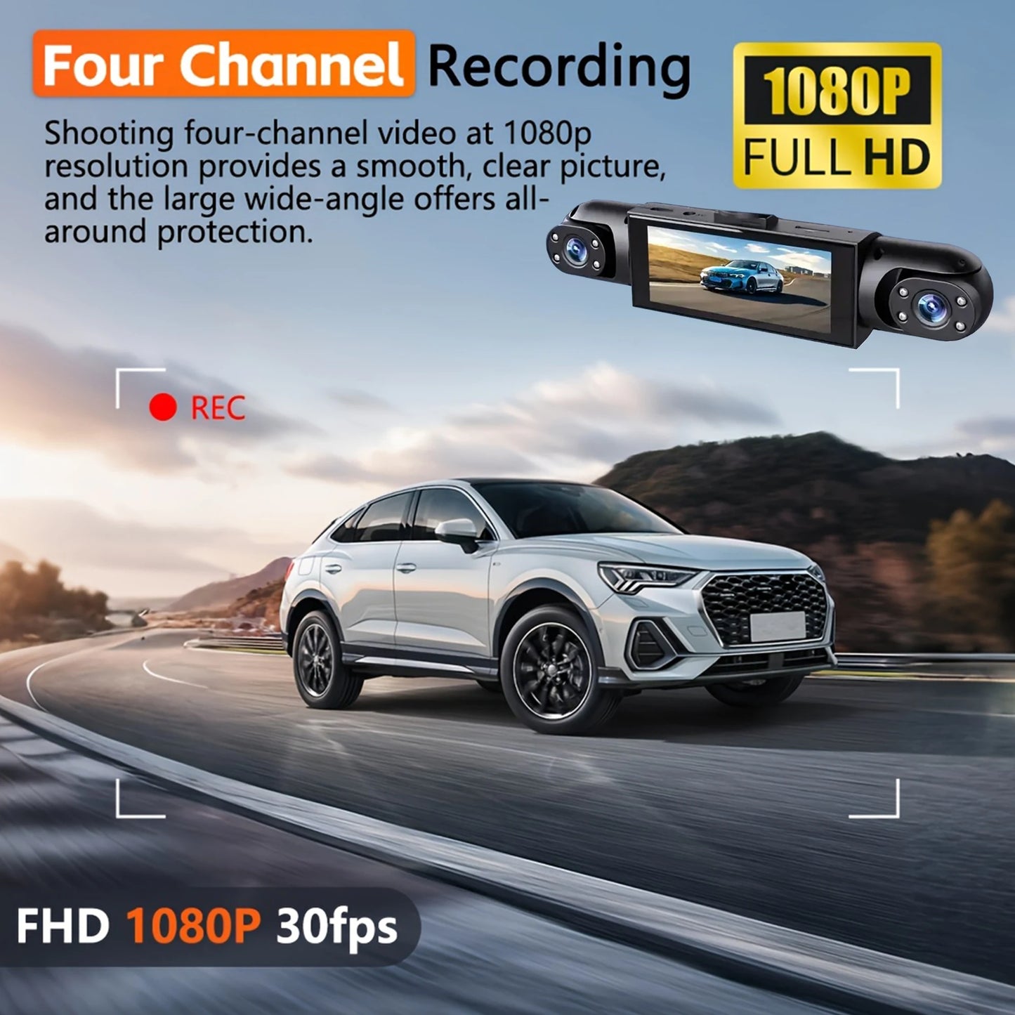 Dashcam 4 canaux 360° 1080P — Vision nocturne, capteur G, surveillance parking 24h/24