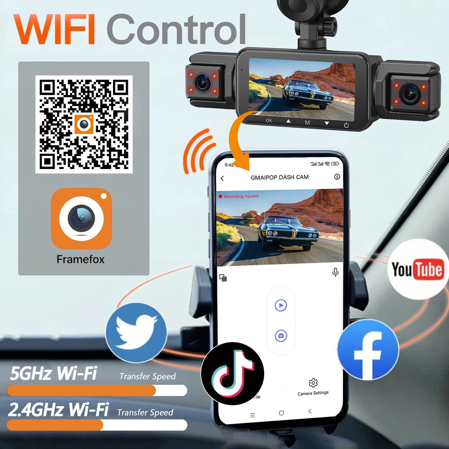 Dashcam 4 canaux WiFi 1080P — Vision nocturne, enregistrement en boucle, surveillance parking
