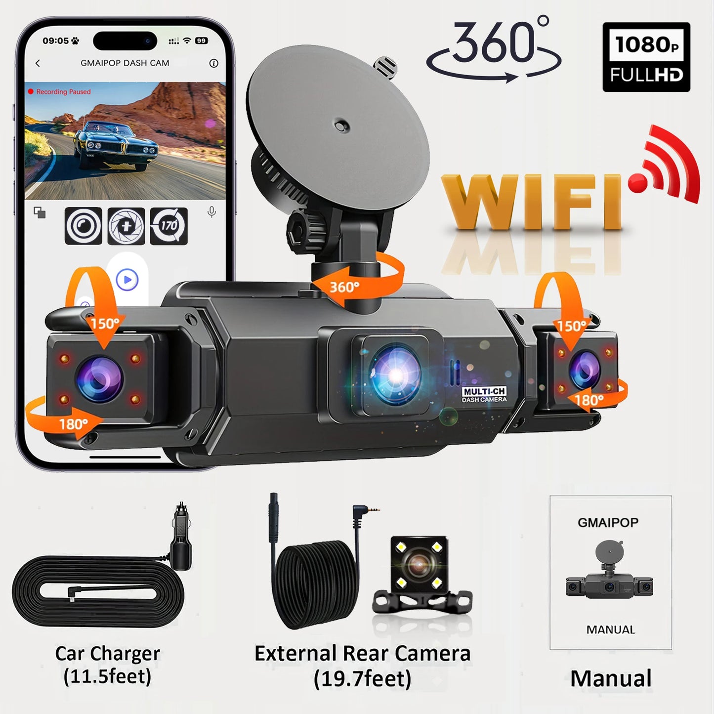 Dashcam 4 canaux WiFi 1080P — Vision nocturne, enregistrement en boucle, surveillance parking