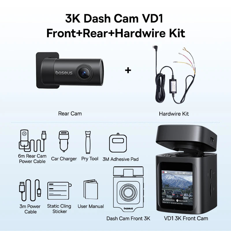 Dashcam Baseus VD1 3K avant + 1080P arrière — GPS intégré, supercondensateur, surveillance parking 24h/24