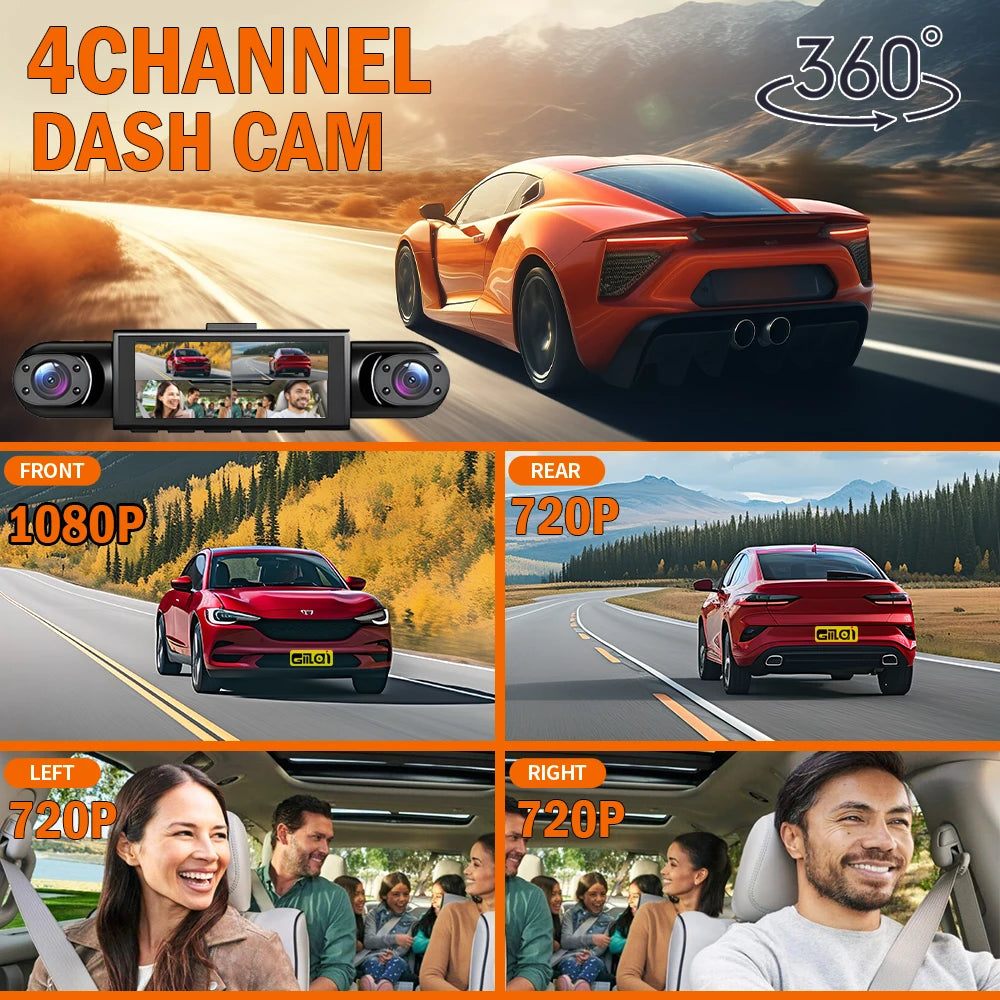 Dashcam 4 canaux 360° 1080P — Vision nocturne, capteur G, surveillance parking 24h/24