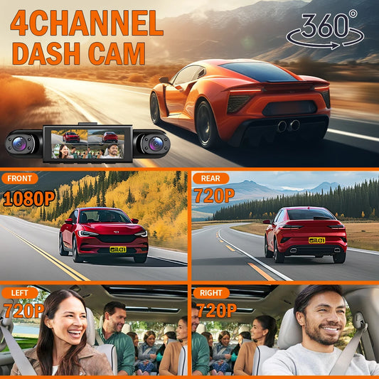 Dashcam 4 canaux 360° 1080P — Vision nocturne, capteur G, surveillance parking 24h/24
