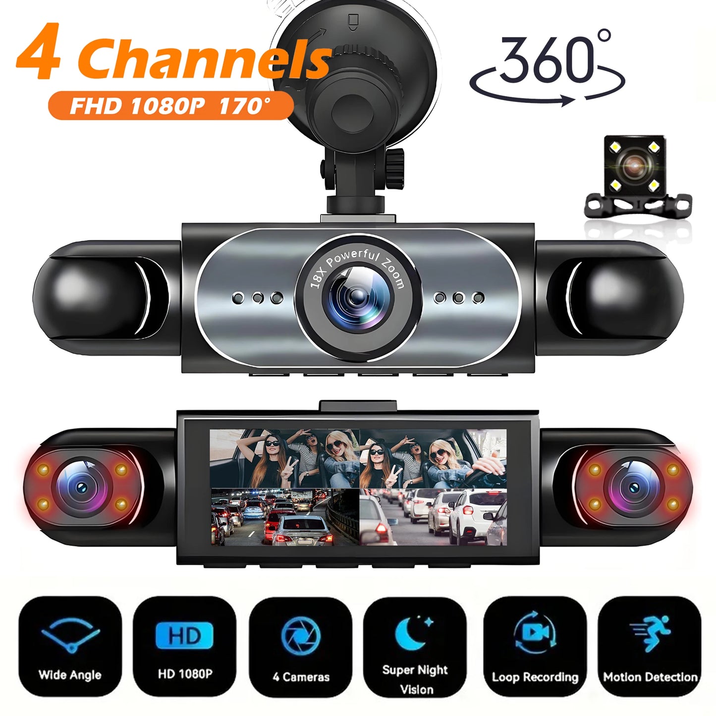 Dashcam 4 canaux 360° 1080P — Vision nocturne, capteur G, surveillance parking 24h/24