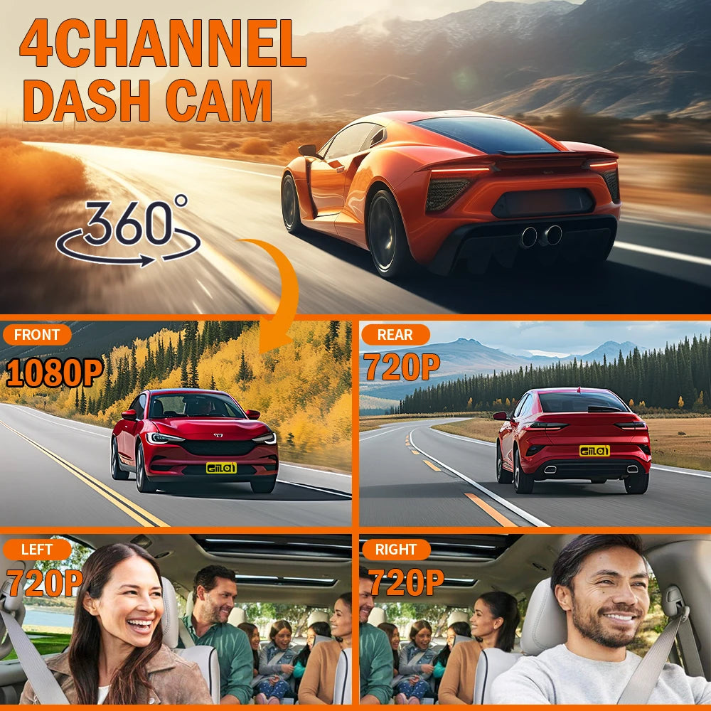 Dashcam 4 canaux WiFi 1080P — Vision nocturne, enregistrement en boucle, surveillance parking