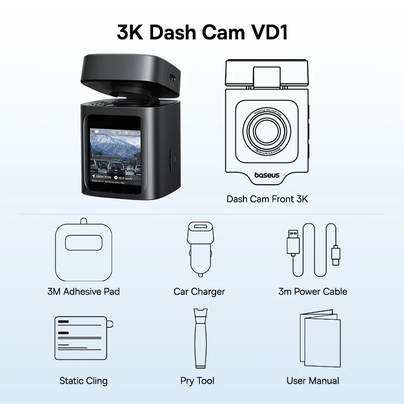 Dashcam Baseus VD1 3K avant + 1080P arrière — GPS intégré, supercondensateur, surveillance parking 24h/24