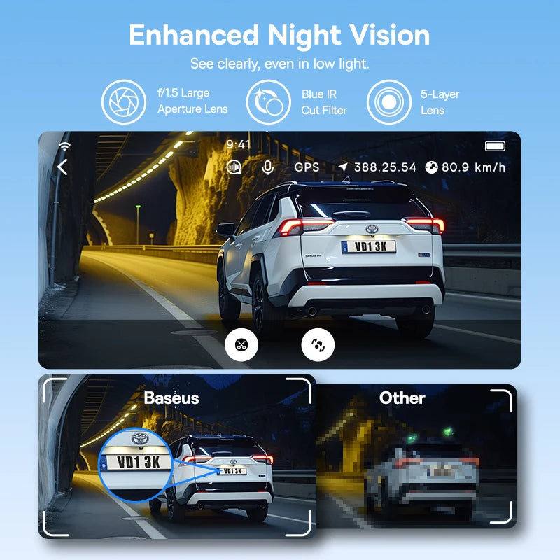 Dashcam Baseus VD1 3K avant + 1080P arrière — GPS intégré, supercondensateur, surveillance parking 24h/24
